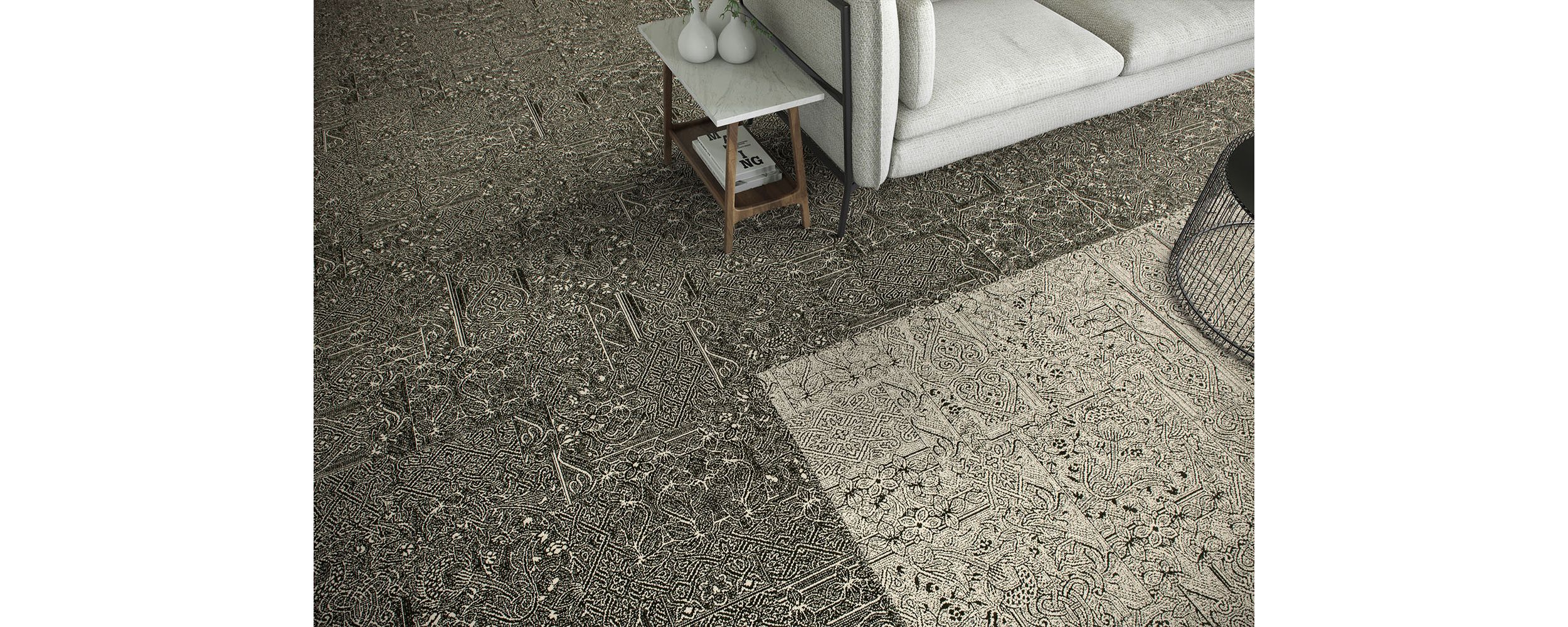 Detail of Interface DL924 and DL924N carpet tile with couch and end table with vases image number 2